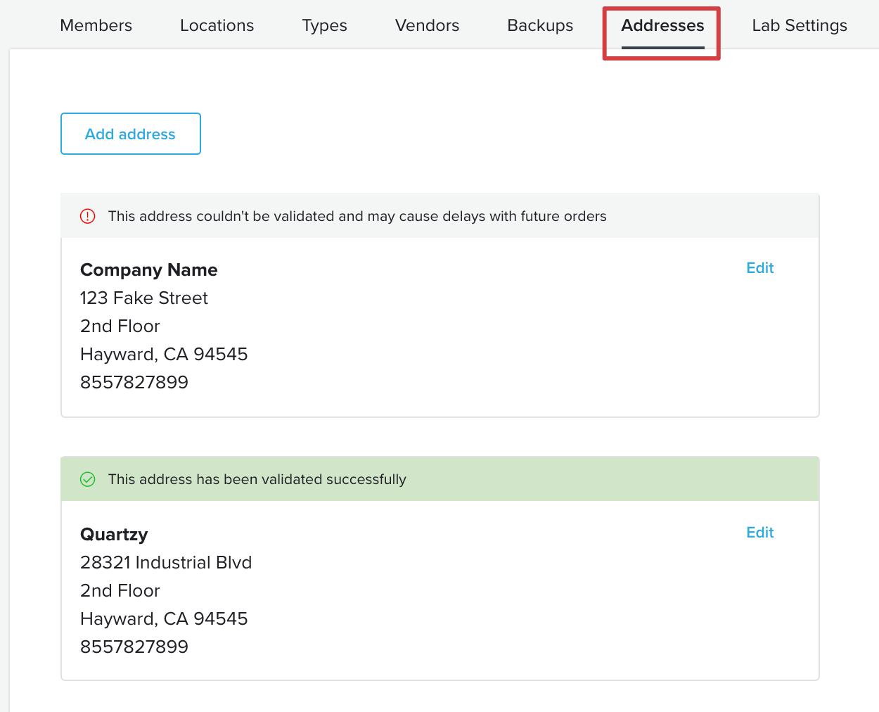 Shipping Address Verification – Quartzy Support